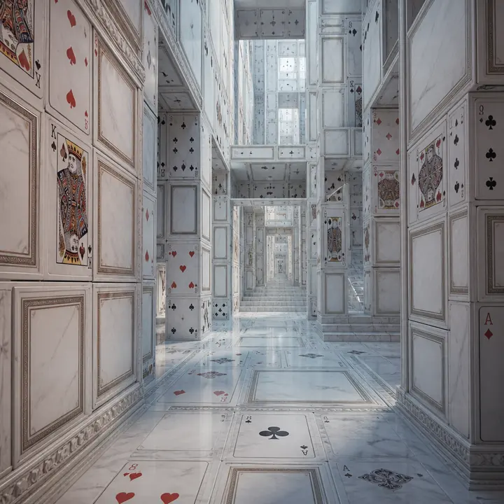 A pale castle of stacked white floors above mist