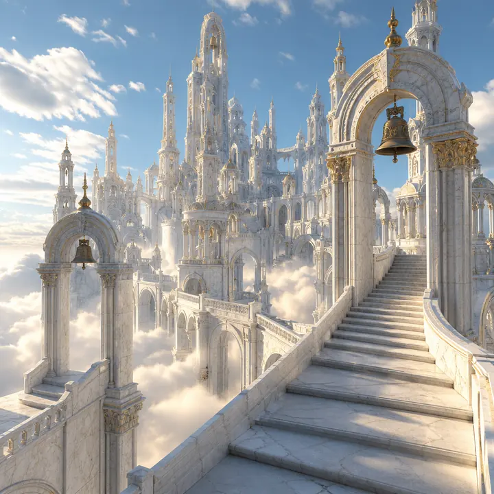 A white stone city of towers rising from a pale sea