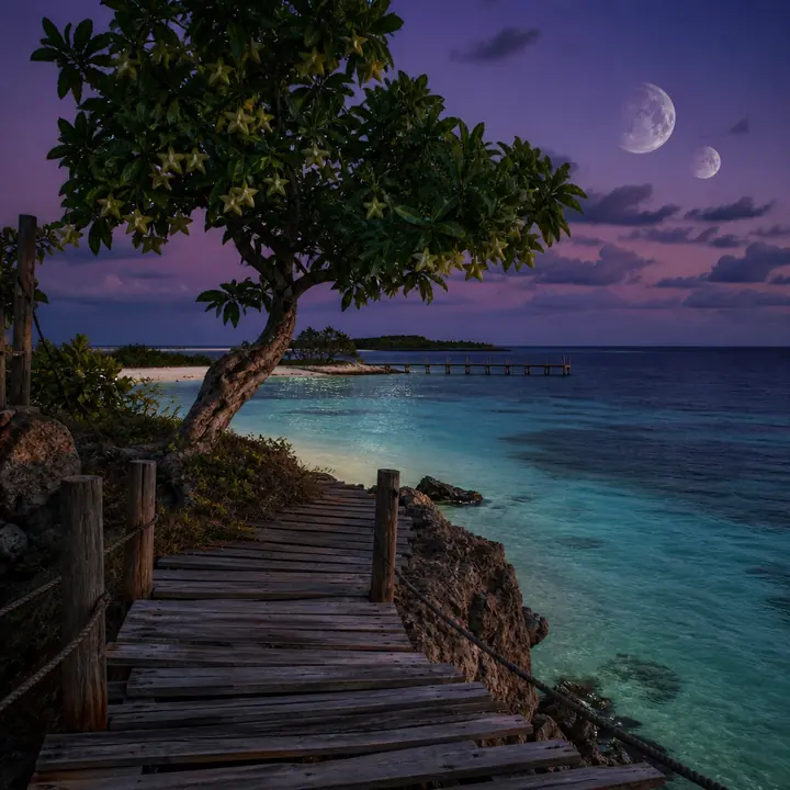 A tropical island pier, star-shaped fruit, and two moons
