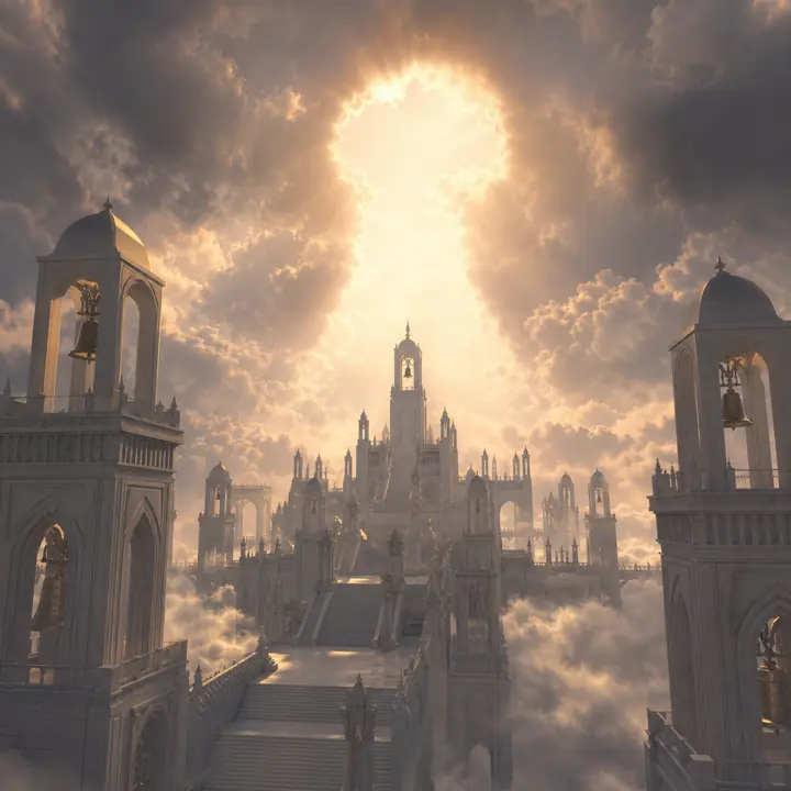 A cathedral of coloured light over a sea of towers