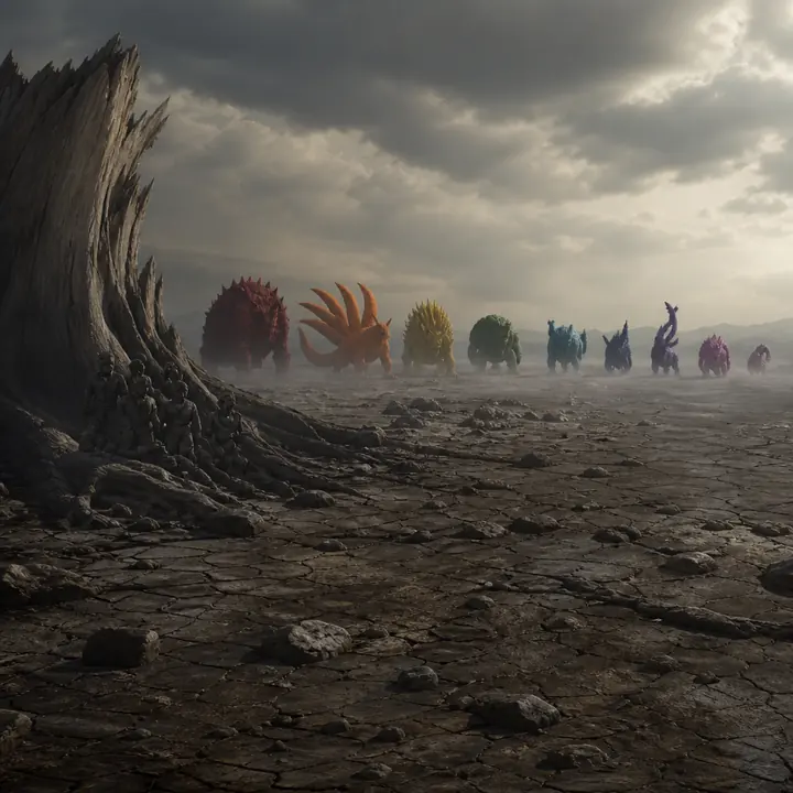 Nine vast chakra silhouettes receding from a dead god-tree