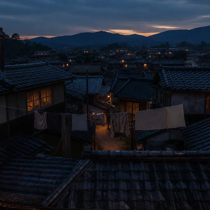 Quiet tiled rooftops of a hidden village at dusk