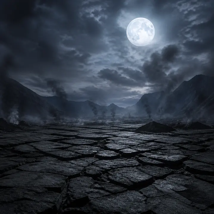 A cracked moonlit battlefield under a huge moon