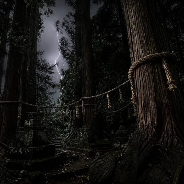 A dark cedar forest shrine under storm light