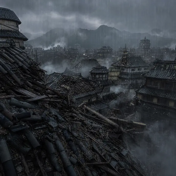 A ruined ninja village of collapsed roofs in rain