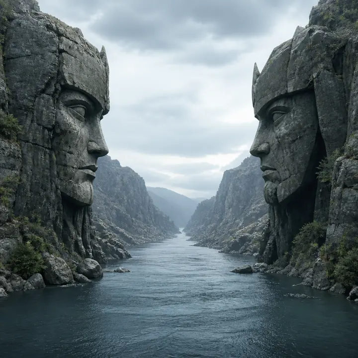 A river valley between two giant carved stone faces