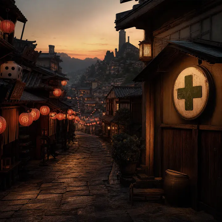 A lantern-lit street of a ninja town at dusk