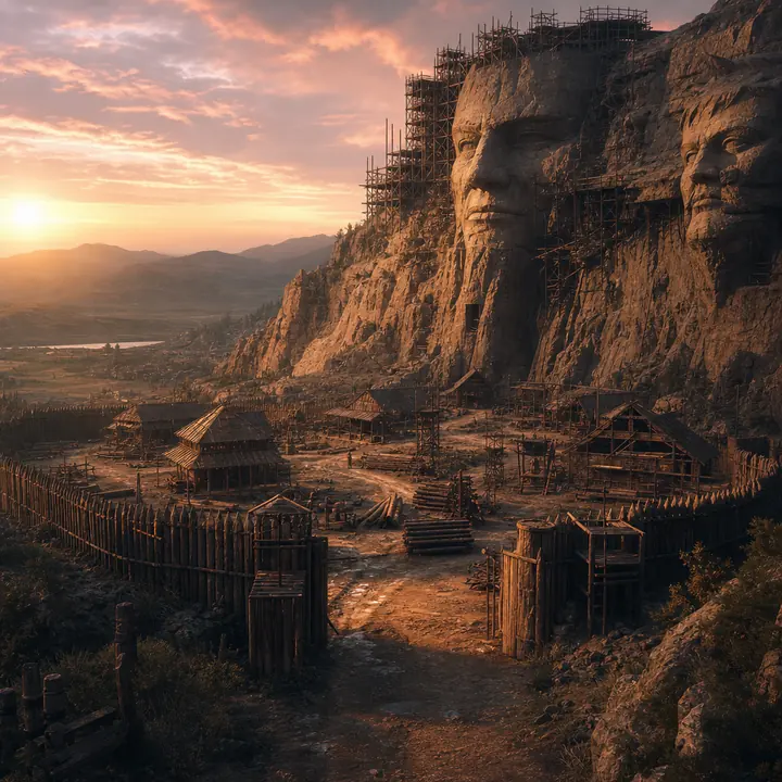 A new palisade village under a half-carved cliff at dusk