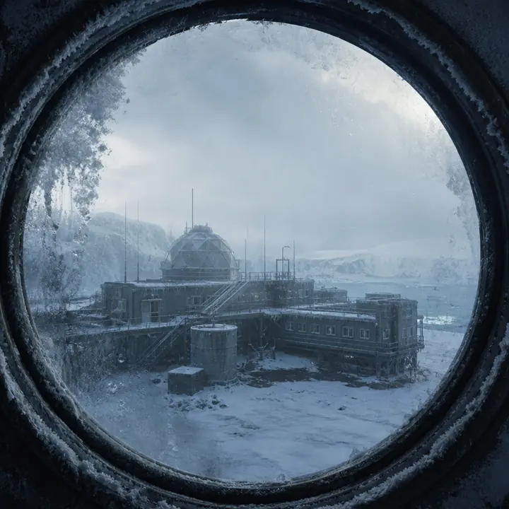 A frozen Antarctic corridor with a frosted porthole