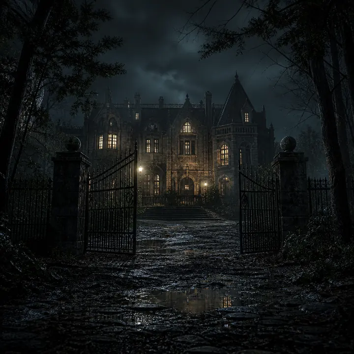A stone mansion at night in wet forest