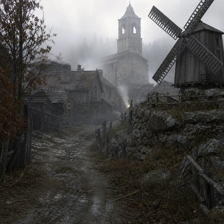 A stone village in winter mist