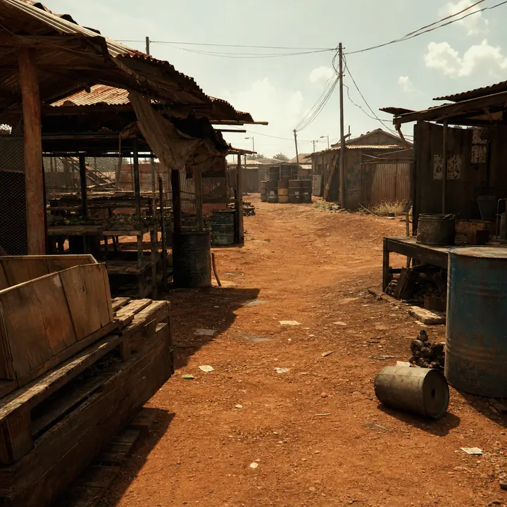 A sunlit African market under dry earth walls