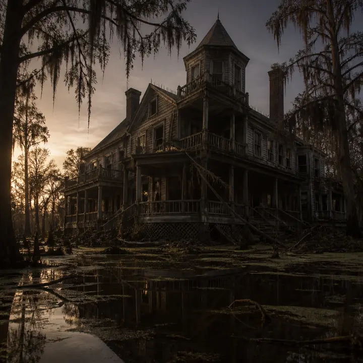 A wooden house sinking into swamp mist