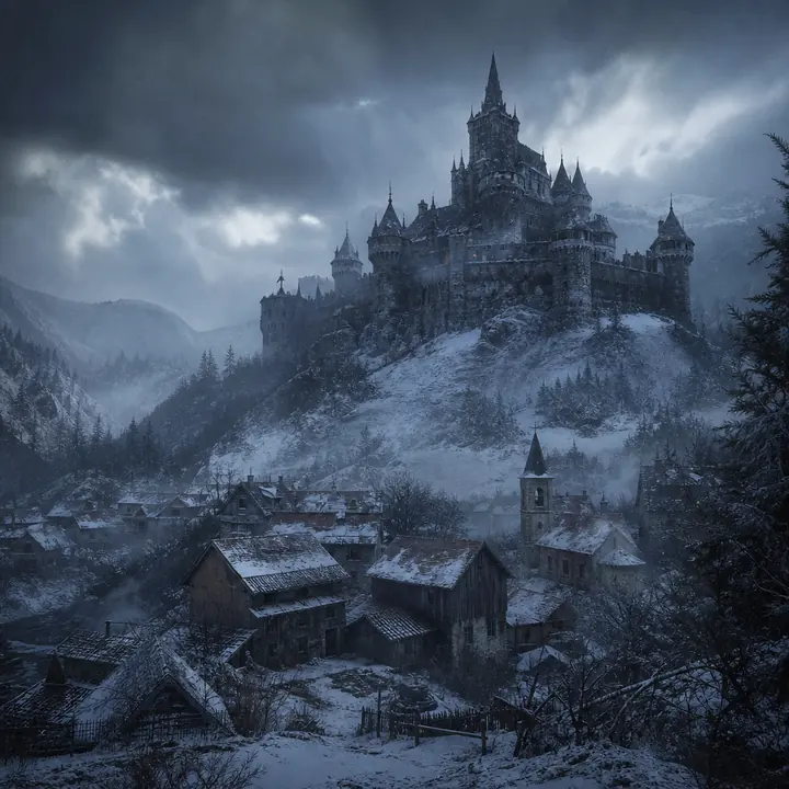 A cliffside keep above mist and forest