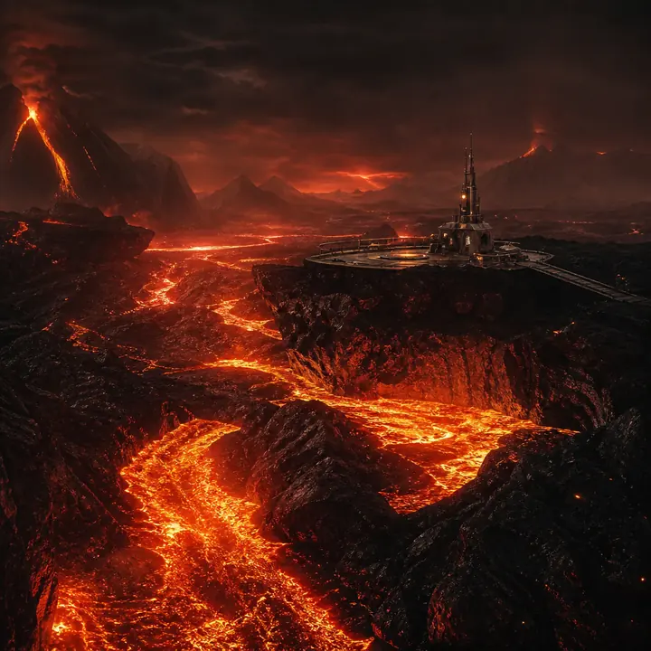 A volcanic ridge glowing over black rock