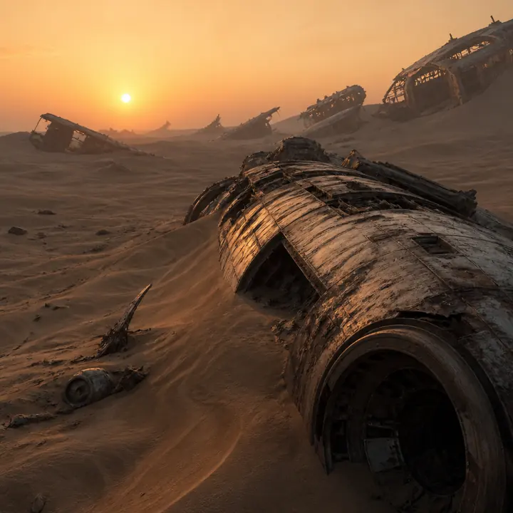 Wreckage half-buried in desert sand