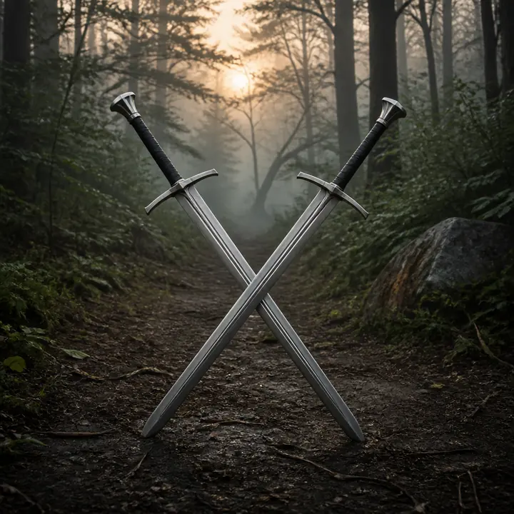 Two swords in a forest clearing at dusk