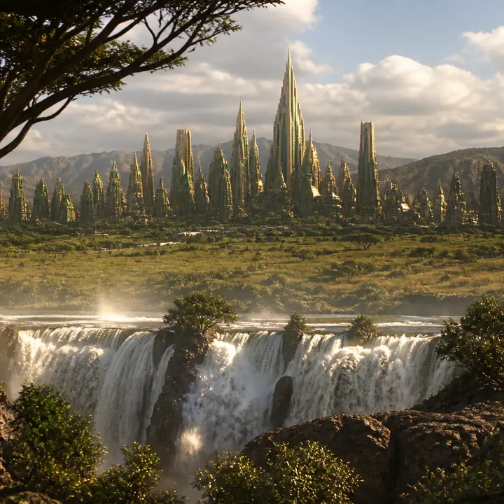 A hidden city of towers behind a waterfall