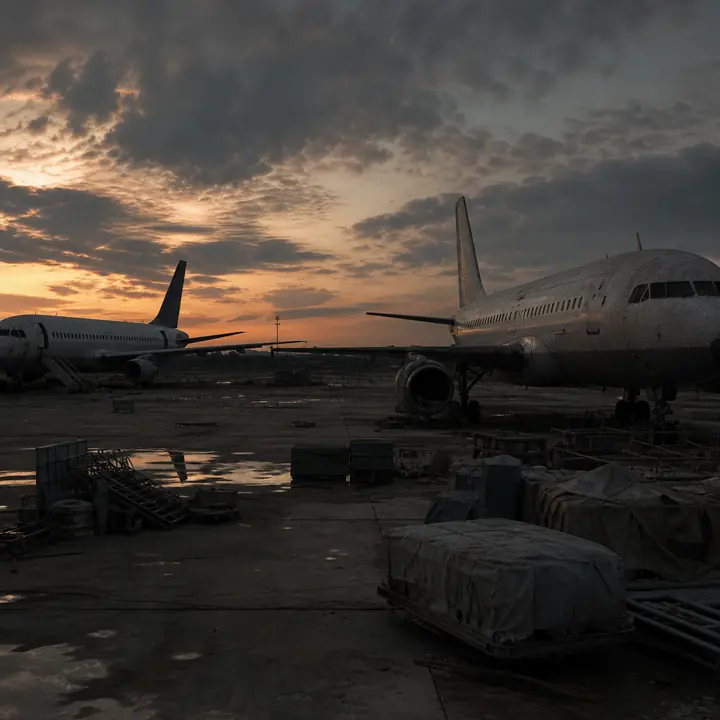 An empty airport tarmac at dusk