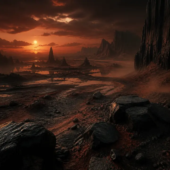 Black rock and red dust under a dying sun