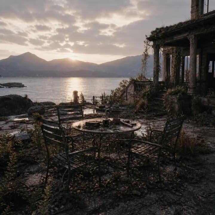 A ruined lakeside compound at dawn