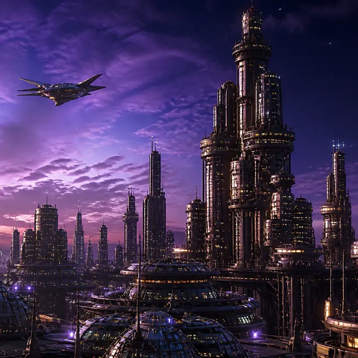 A colourful alien city of stacked towers