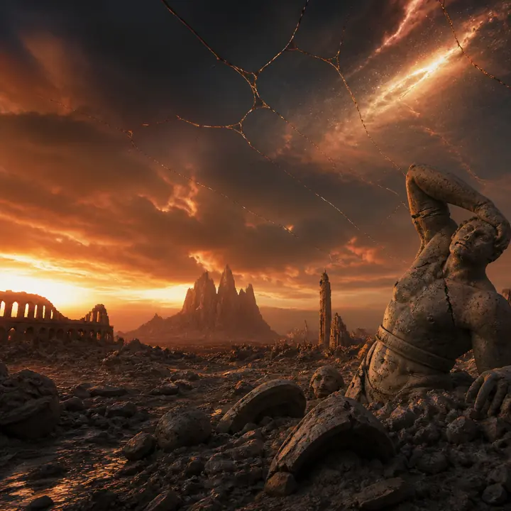 A ruined orange world of broken statues