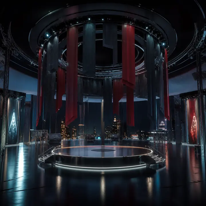 An empty circular expo pavilion at night