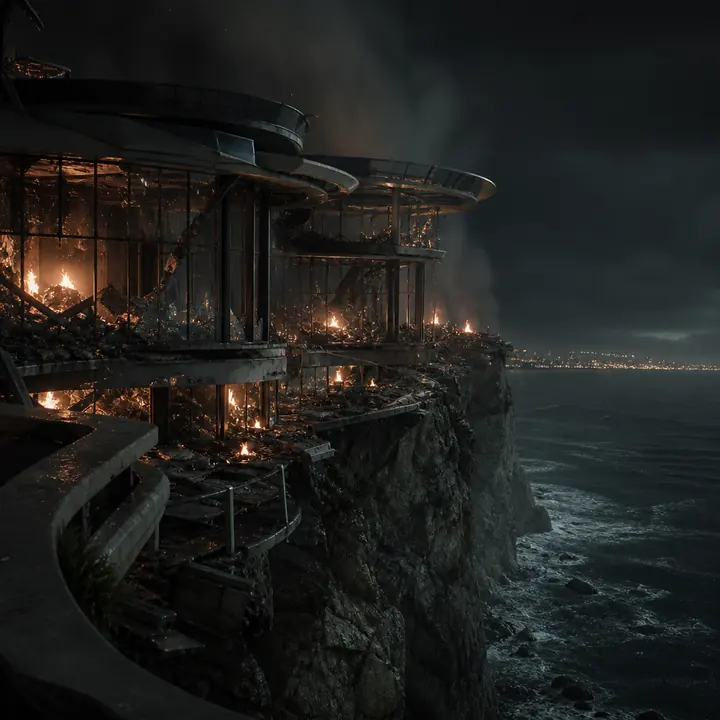 A wrecked cliffside mansion over the ocean at night