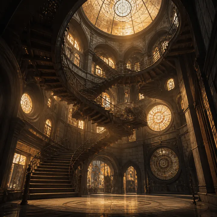 A round sanctum of floating stairs and gold windows