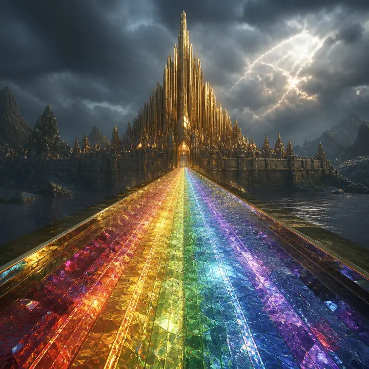 A rainbow bridge of light toward a golden palace