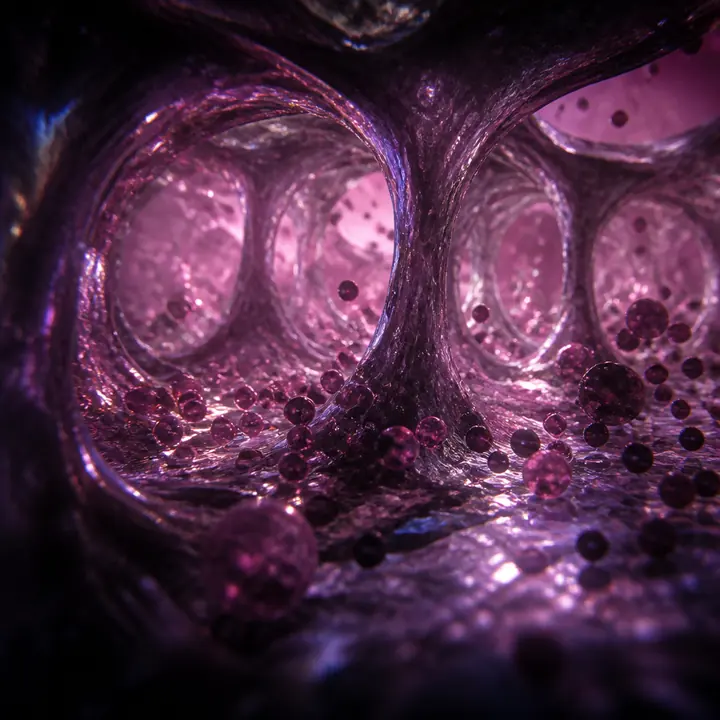 Iridescent microscopic tunnels in magenta light