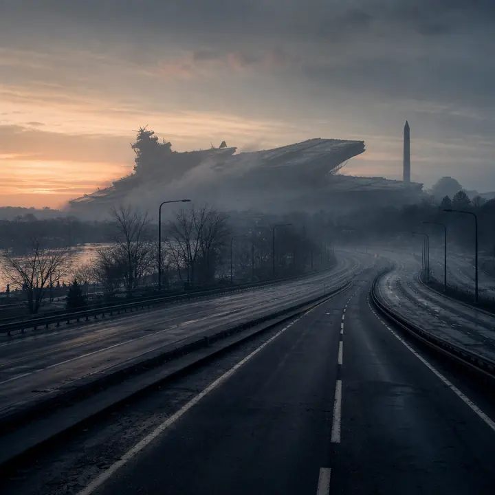 An empty capital highway in dawn fog